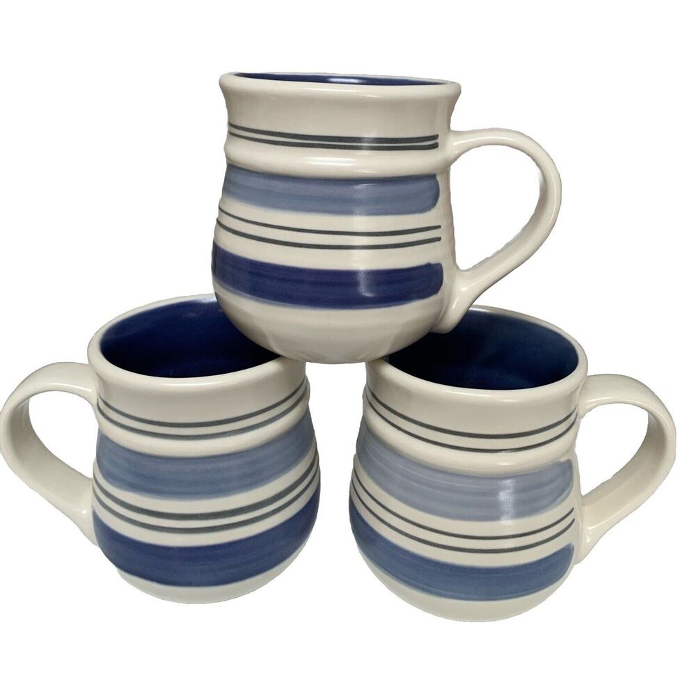 Pfaltzgraff RIO Coffee Cups Set of 3 Stoneware Mugs 2 tone blue stripe Mexico - Picture 2 of 6